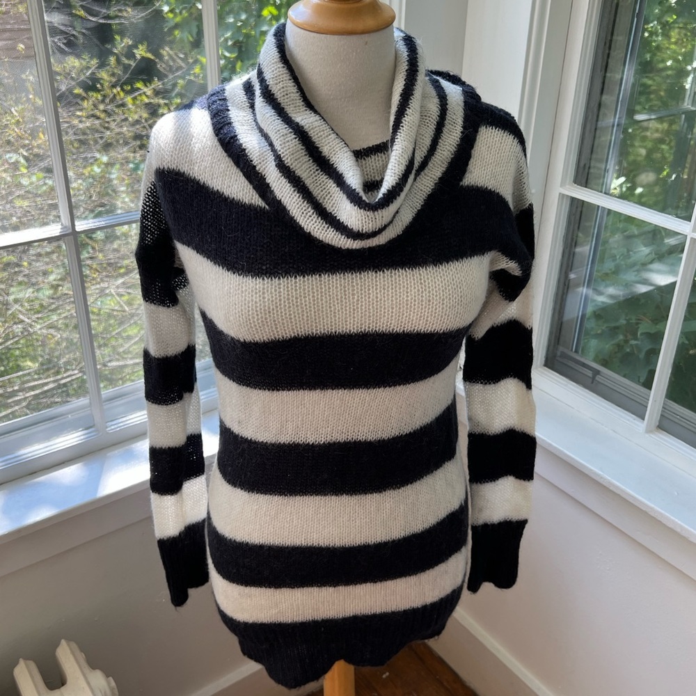 LOFT sexy navy striped mohair blend cowl tunic / dress sweater